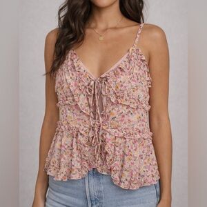 NWT Nordstrom Lush Floral Pink Ditsy Ruffle Tie Front Top Small